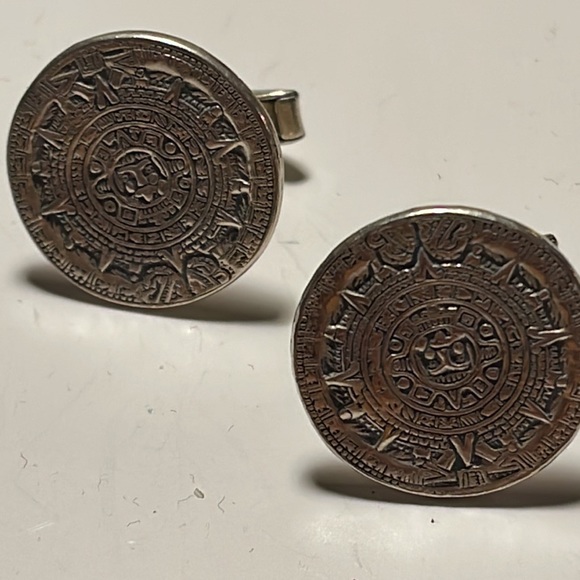 Vintage sterling silver 925 Mayan Aztec Calendar cuff links cufflinks - Picture 6 of 10